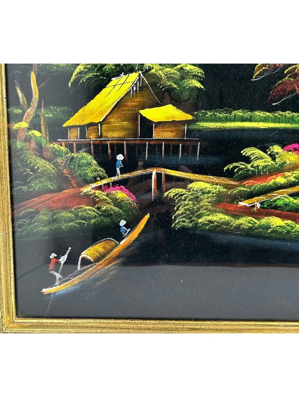 Vintage Black Vekvet Hand-Painted Landscape Art with Gold Frame